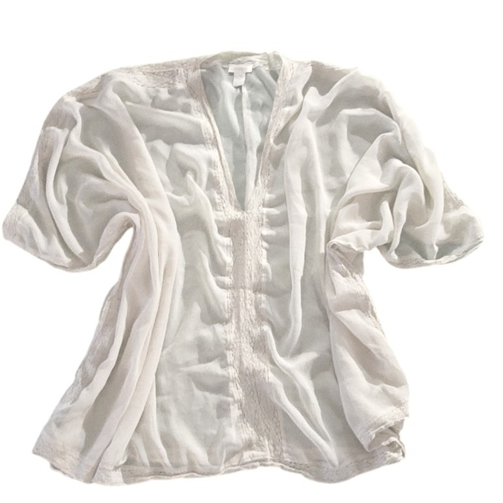 L/XL CHICO'S cream sheer v-neck poncho style coverup overlay layering blouse O/S
